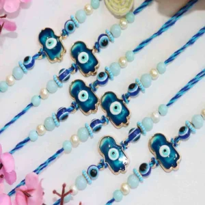 Blue Evil Eye Rakhi Set of 6 with Roli Chawal & Card