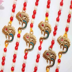 Traditional Beaded Ganesh Rakhi Set of 6 with Roli Chawal & Card