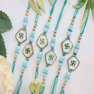 Swastik Rakhi Set of 6 with Roli Chawal & Card