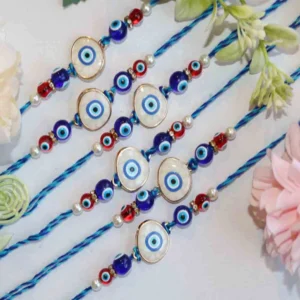 Protective Evil Eye Blue Rakhi Set of 6 with Roli Chawal & Card