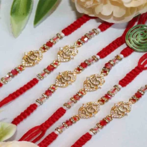 Royal Gold-Plated Designer Rakhi Set of 6 with Roli Chawal & Card