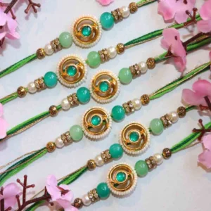 Traditional Green Red Beaded Designer Rakhi Set of 6 with Roli Chawal & Card