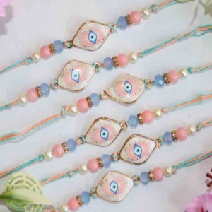 Pastel Evil Eye Charm Rakhi Set of 6 with Roli Chawal & Card