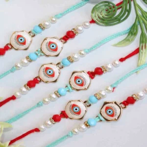 Designer Evil Eye Rakhi Set of 6 with Roli Chawal & Card