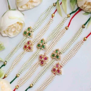 Luxury Pearl Chain Floral Kundan Rakhi Set of 6 with Roli Chawal & Card