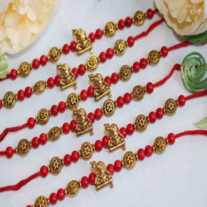 Traditional Red Beaded Golden Designer Rakhi Set of 6 with Roli Chawal & Card