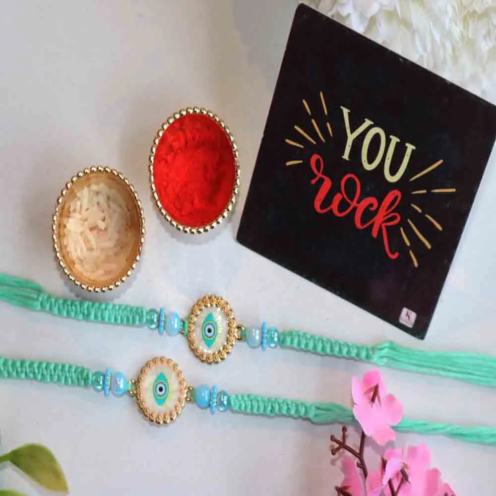Emerald Nazar Charm Rakhi with Roli Chawal & Card