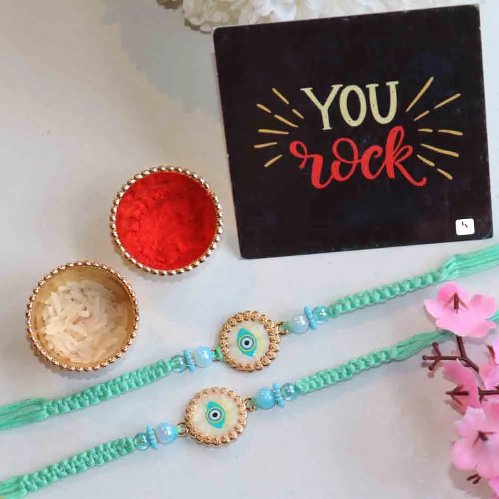 Emerald Nazar Charm Rakhi with Roli Chawal & Card - Image 2