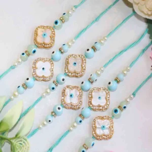 Pearl Square Designer Rakhi Set of 6 with Roli Chawal & Card