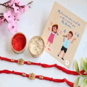 Shubh Golden Thread Rakhi with Roli Chawal & Card