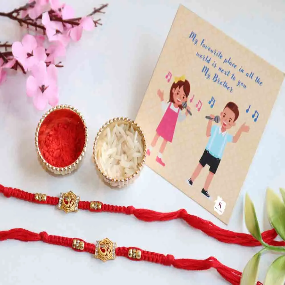 Shubh Golden Thread Rakhi with Roli Chawal & Card