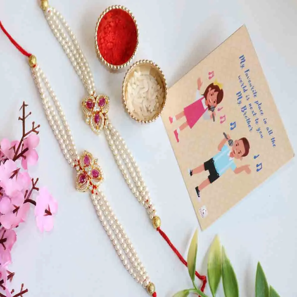 Regal Pearl Chain Floral Rakhi with Roli Chawal & Card