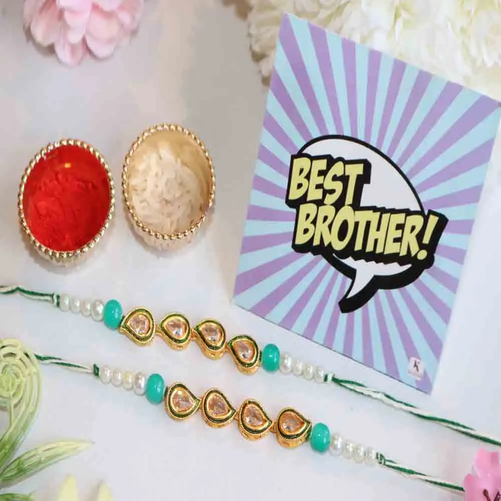 Signature Morpankhi Rakhi Pack of 2 with Greeting Card & Roli Chawal