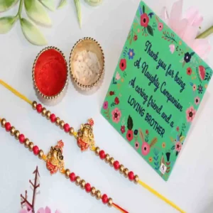 Vibrant Rakhi Assortment: 2 Rakhis, Card & Roli Chawal