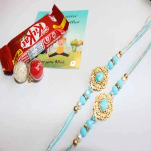 Elegant Blue Rakhi Collection (Pack of 2) + Roli Chawal + Card