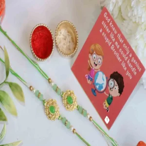 Elegant Green Rakhi Collection (Pack of 2) + Roli Chawal + Card