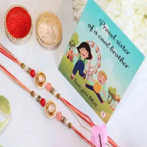 Festive Rakhi Combo: Set of 2 with Greeting Card & Roli Chawal