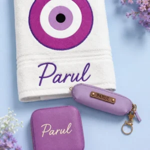 Personalized "Evil Eye" Gift Combo for Her: Queen Towel, Jewellery Box & Lipstick Keychain