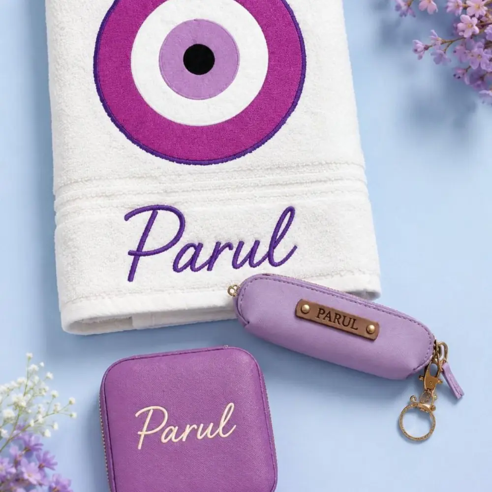 Personalized "Evil Eye" Gift Combo for Her: Queen Towel, Jewellery Box & Lipstick Keychain